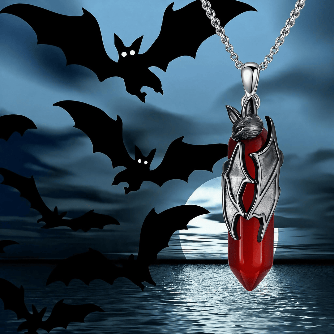 Collana con ciondolo esagonale in quarzo rosso a forma di pipistrello vampiro gotico Olivenorma, gioiello per Halloween e cosplay. - Pipistrello vampiro e quarzo rosso - image 0