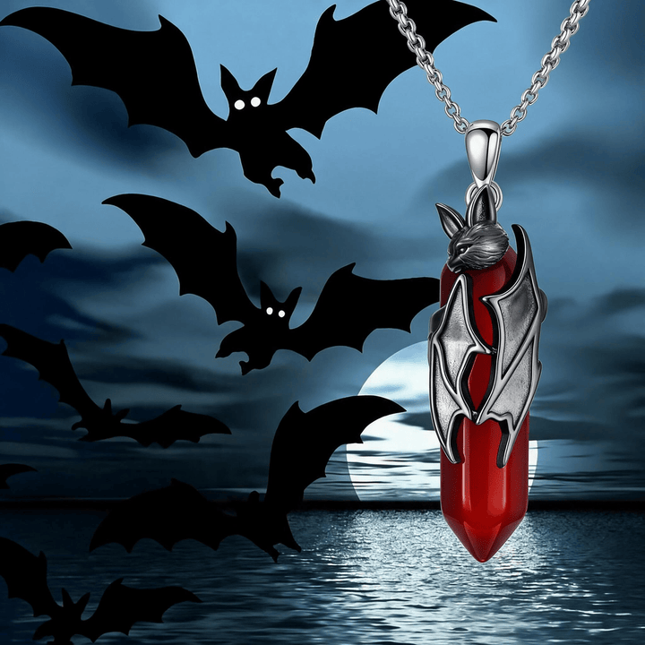 Collana con ciondolo esagonale in quarzo rosso a forma di pipistrello vampiro gotico Olivenorma, gioiello per Halloween e cosplay. - Pipistrello vampiro e quarzo rosso - image 0