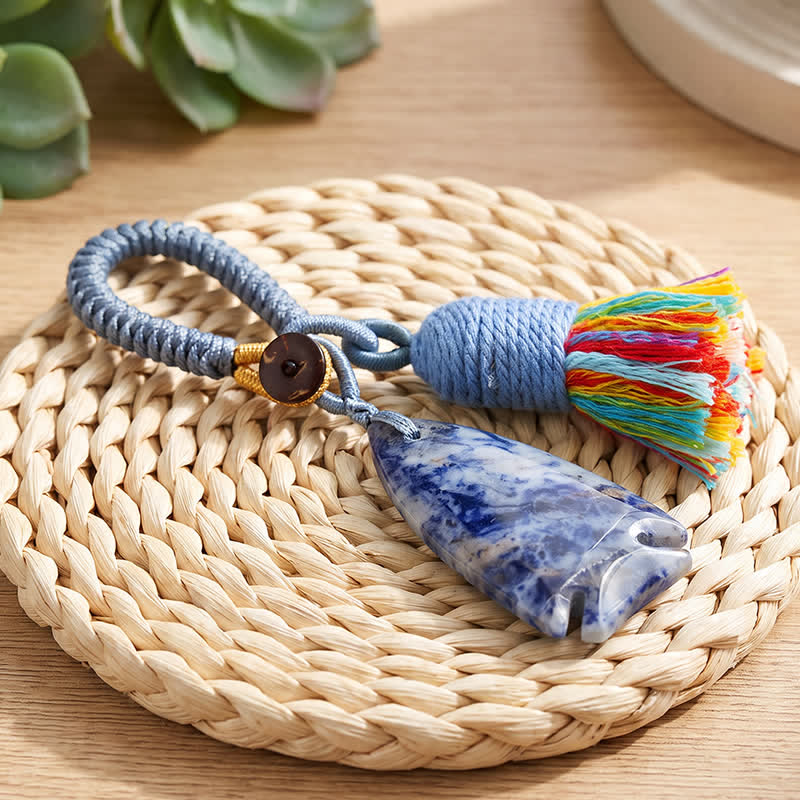 Portachiavi Olivenorma con nappa intrecciata a forma di pesce in cristallo naturale, portafortuna di buon auspicio. - Sodalite - image 15