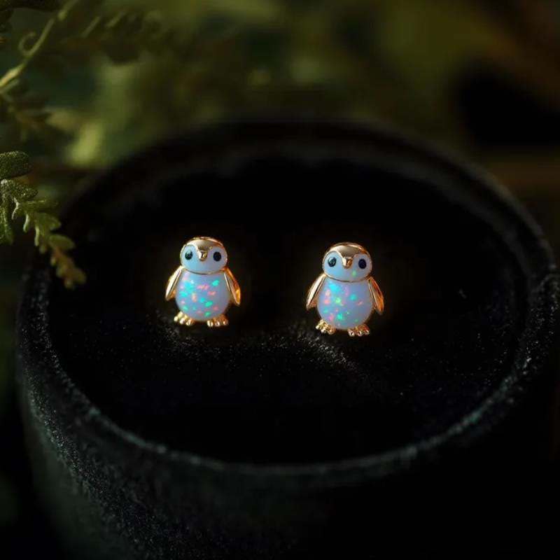 Orecchini a perno Olivenorma Tiny Frog Penguin Swan White Fire Opal con motivo animale, regalo per amanti - image 14