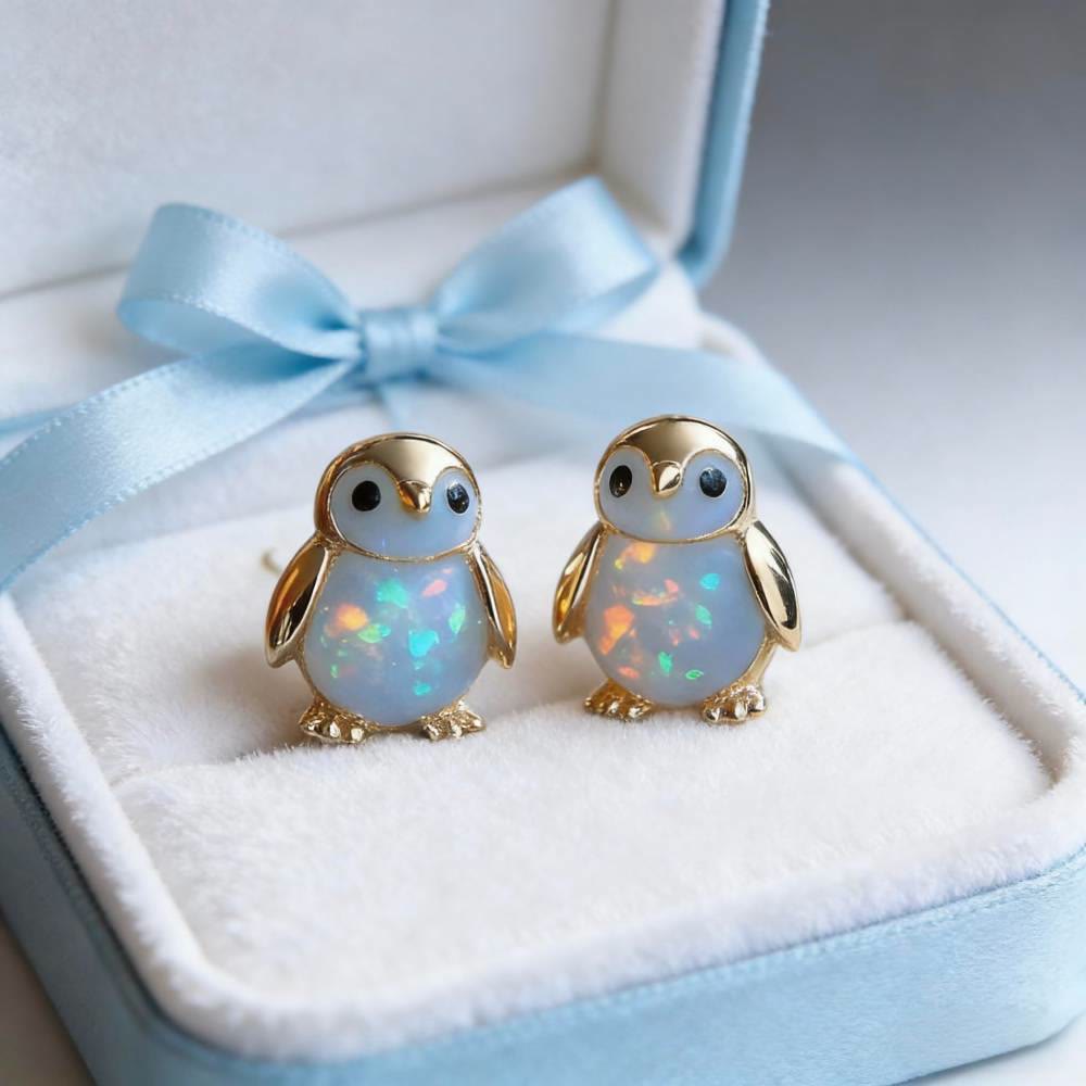 Orecchini a perno Olivenorma Tiny Frog Penguin Swan White Fire Opal con motivo animale, regalo per amanti - image 11