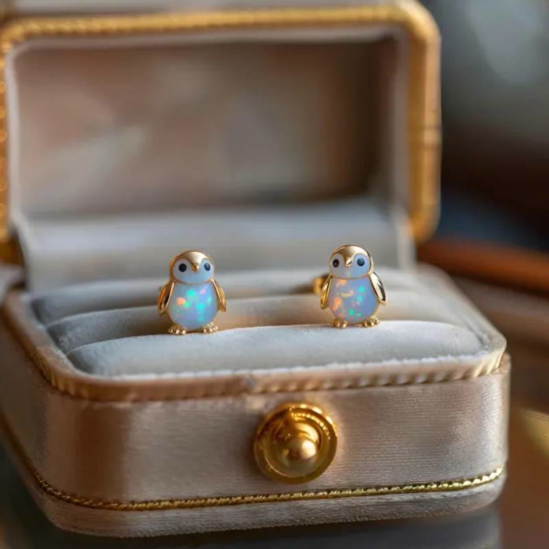 Orecchini a perno Olivenorma Tiny Frog Penguin Swan White Fire Opal con motivo animale, regalo per amanti - image 12
