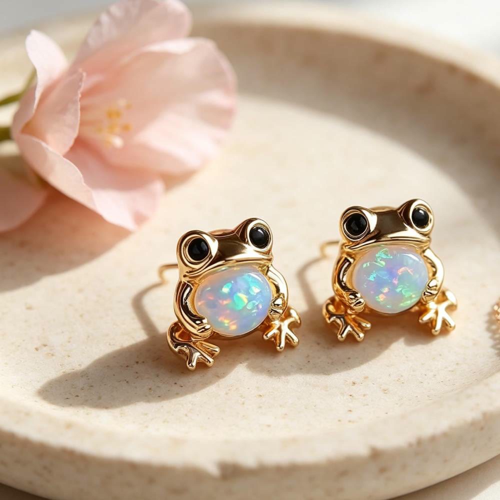 Orecchini a perno Olivenorma Tiny Frog Penguin Swan White Fire Opal con motivo animale, regalo per amanti - image 2