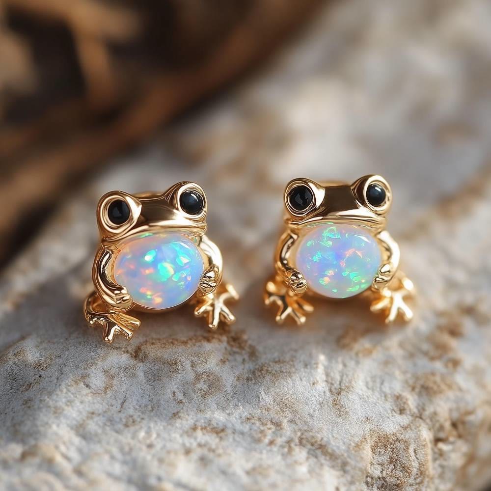 Orecchini a perno Olivenorma Tiny Frog Penguin Swan White Fire Opal con motivo animale, regalo per amanti - Rana - Oro - image 0