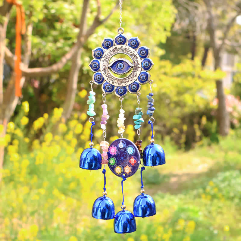 Carillon a vento Olivenorma con chip di cristallo, design Occhio di Allah e Chakra, simbolo di sicurezza. - Occhio di malocchio con cristalli - image 0