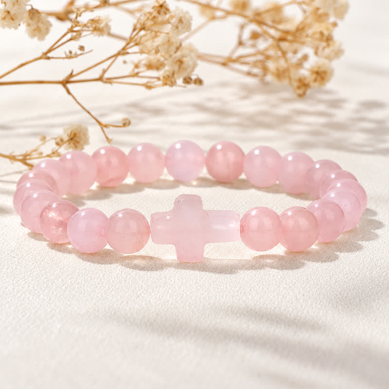 Bracciale Olivenorma con croce in pietre preziose naturali, design minimalista, simbolo di fede. - Quarzo rosa - image 6