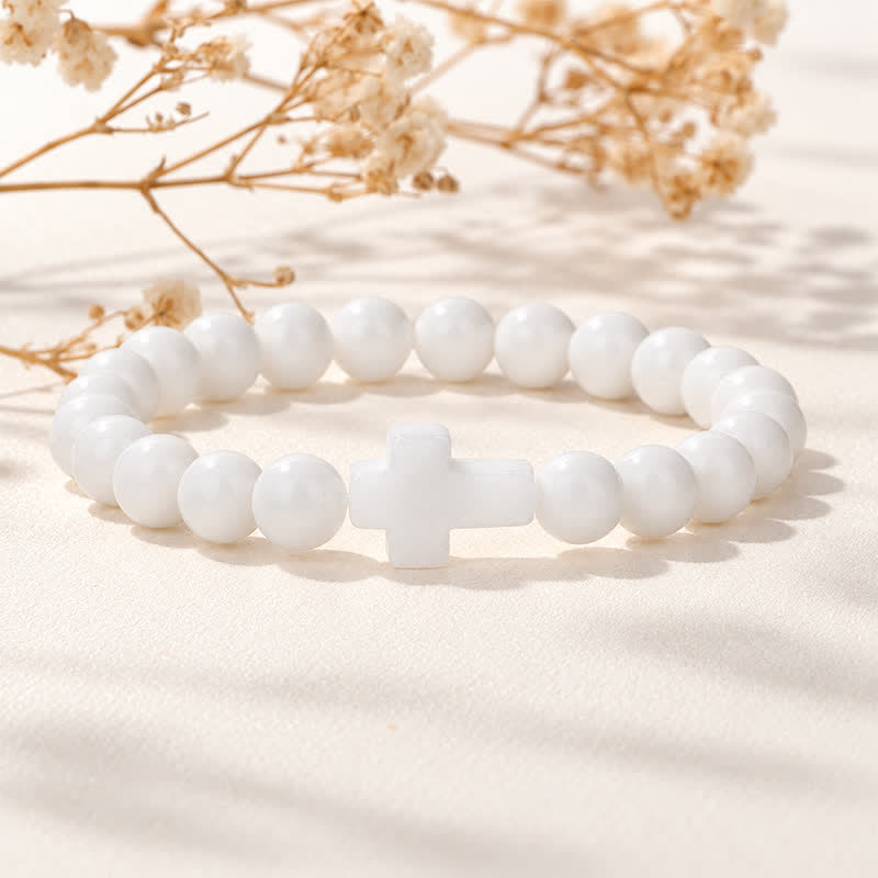 Bracciale Olivenorma con croce in pietre preziose naturali, design minimalista, simbolo di fede. - Porcellana bianca - image 11