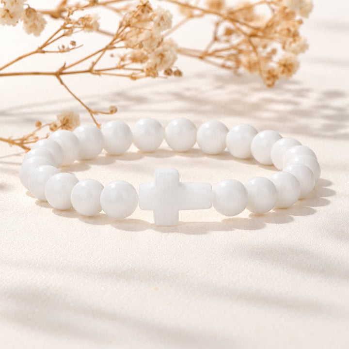 Bracciale Olivenorma con croce in pietre preziose naturali, design minimalista, simbolo di fede. - Porcellana bianca - image 11