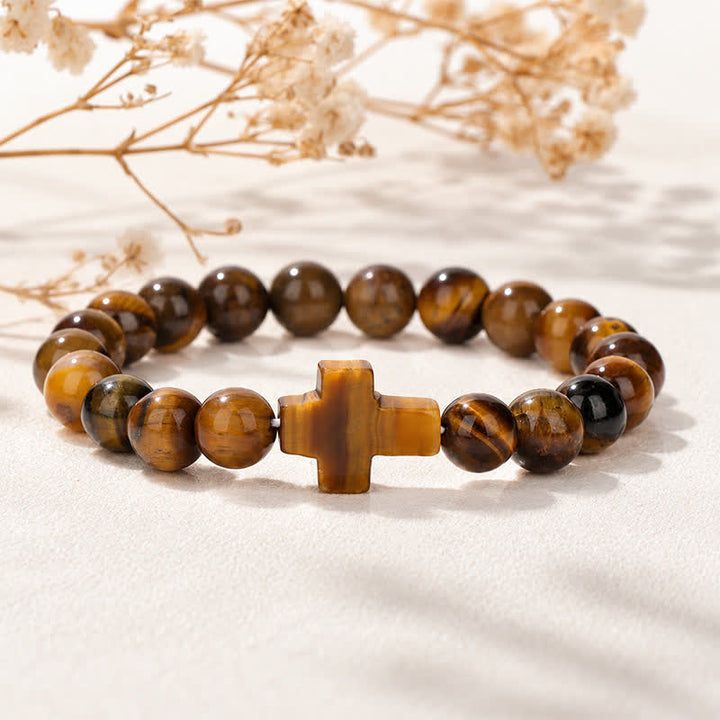 Bracciale Olivenorma con croce in pietre preziose naturali, design minimalista, simbolo di fede. - Occhio di tigre giallo - image 16