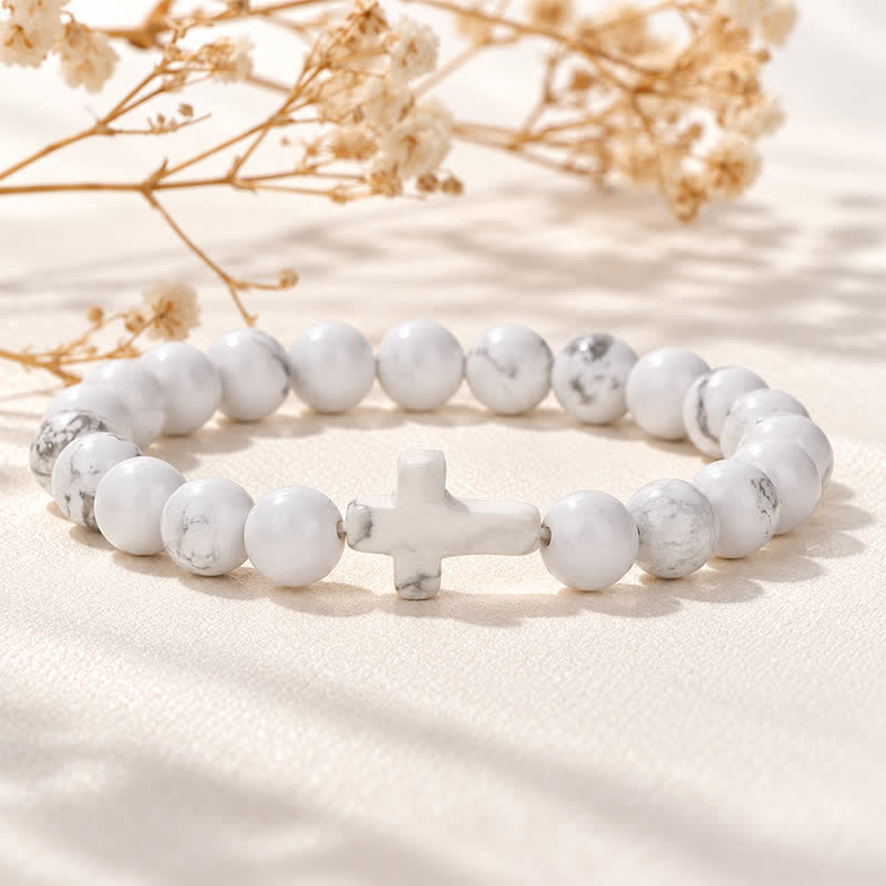 Bracciale Olivenorma con croce in pietre preziose naturali, design minimalista, simbolo di fede. - Turchese bianco importato - image 19