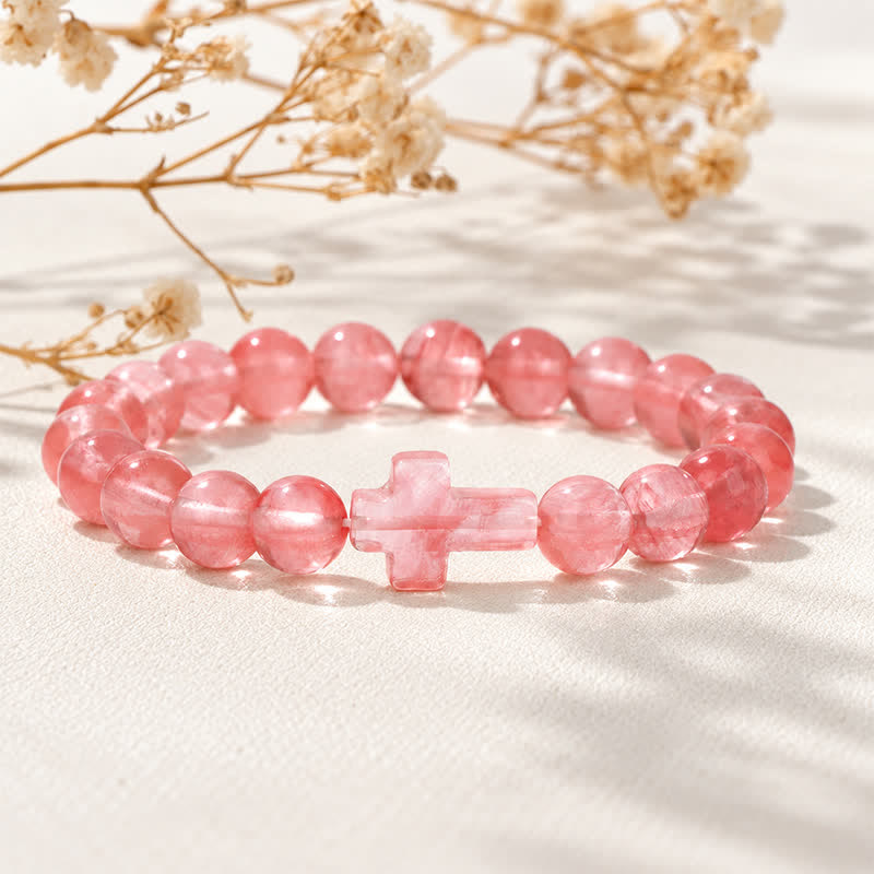 Bracciale Olivenorma con croce in pietre preziose naturali, design minimalista, simbolo di fede. - Nocciolo di anguria rossa - image 22