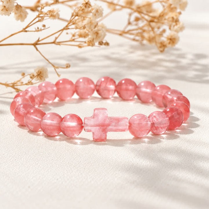 Bracciale Olivenorma con croce in pietre preziose naturali, design minimalista, simbolo di fede. - Nocciolo di anguria rossa - image 22