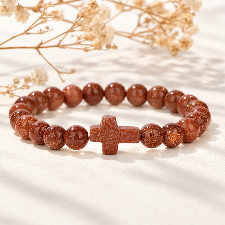 Bracciale Olivenorma con croce in pietre preziose naturali, design minimalista, simbolo di fede. - Arenaria dorata - image 29