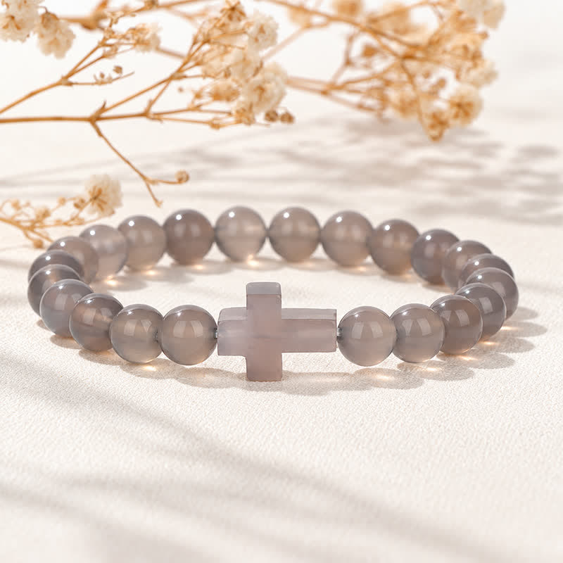 Bracciale Olivenorma con croce in pietre preziose naturali, design minimalista, simbolo di fede. - Agata grigia - image 36