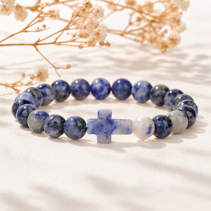 Bracciale Olivenorma con croce in pietre preziose naturali, design minimalista, simbolo di fede. - Sodalite - image 44