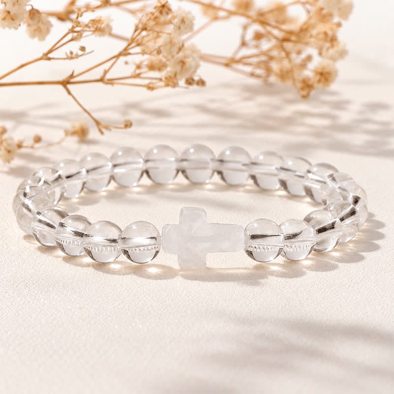 Bracciale Olivenorma con croce in pietre preziose naturali, design minimalista, simbolo di fede. - Quarzo trasparente - image 61