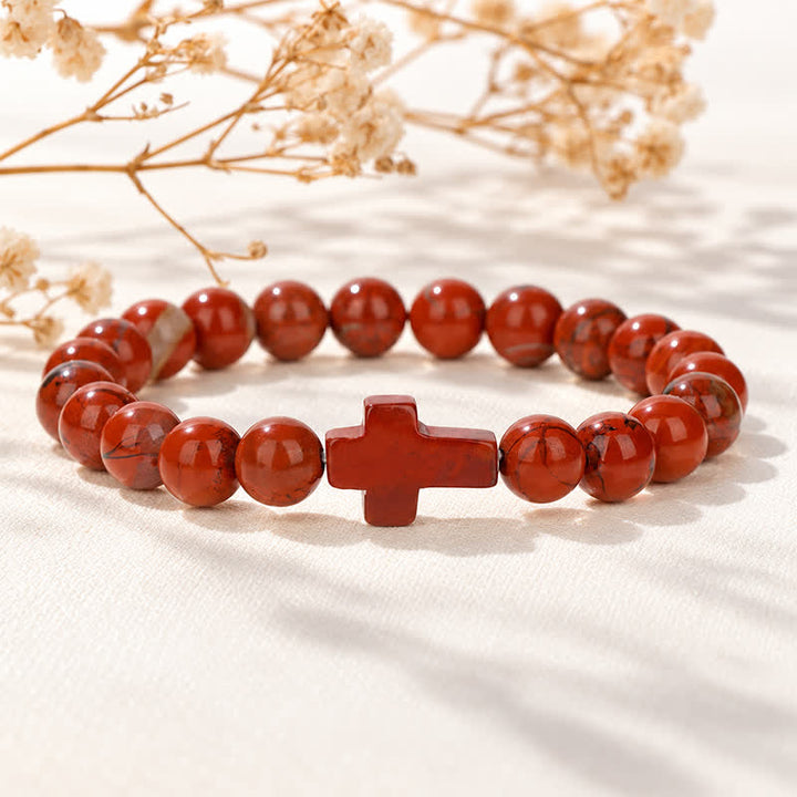Bracciale Olivenorma con croce in pietre preziose naturali, design minimalista, simbolo di fede. - Diaspro rosso - image 58