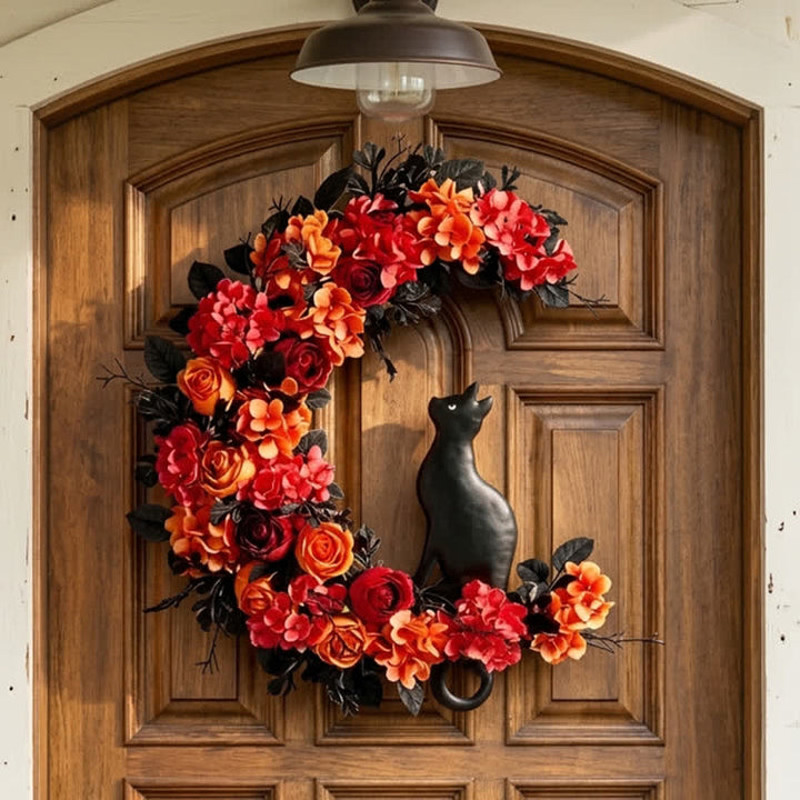 Decorazione per porta con fiori artificiali Olivenorma Rattan, simbolo di gatto nero autunnale. - Luna e gatto - image 0