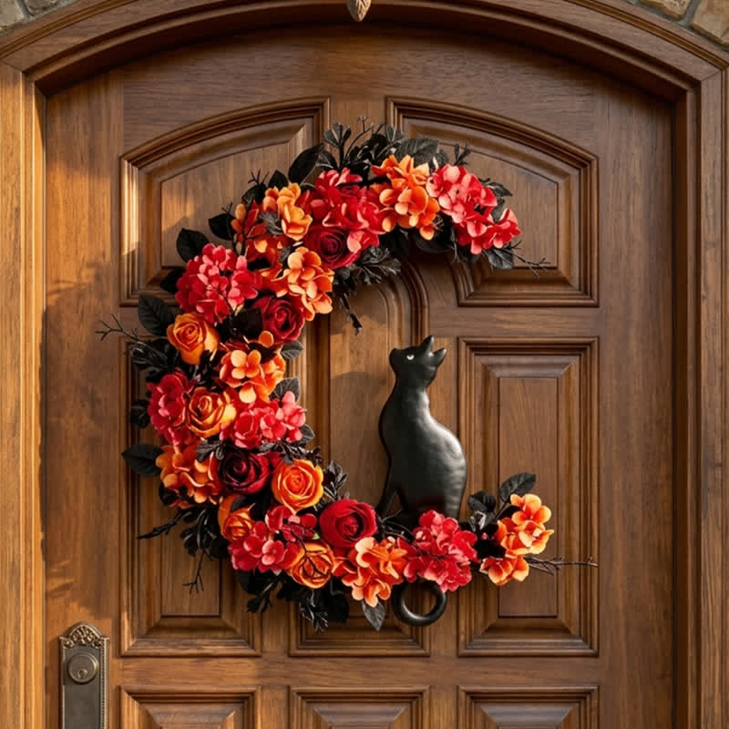 Decorazione per porta con fiori artificiali Olivenorma Rattan, simbolo di gatto nero autunnale. - image 1