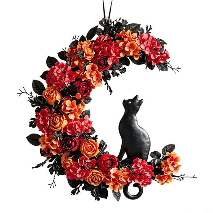 Decorazione per porta con fiori artificiali Olivenorma Rattan, simbolo di gatto nero autunnale. - image 3