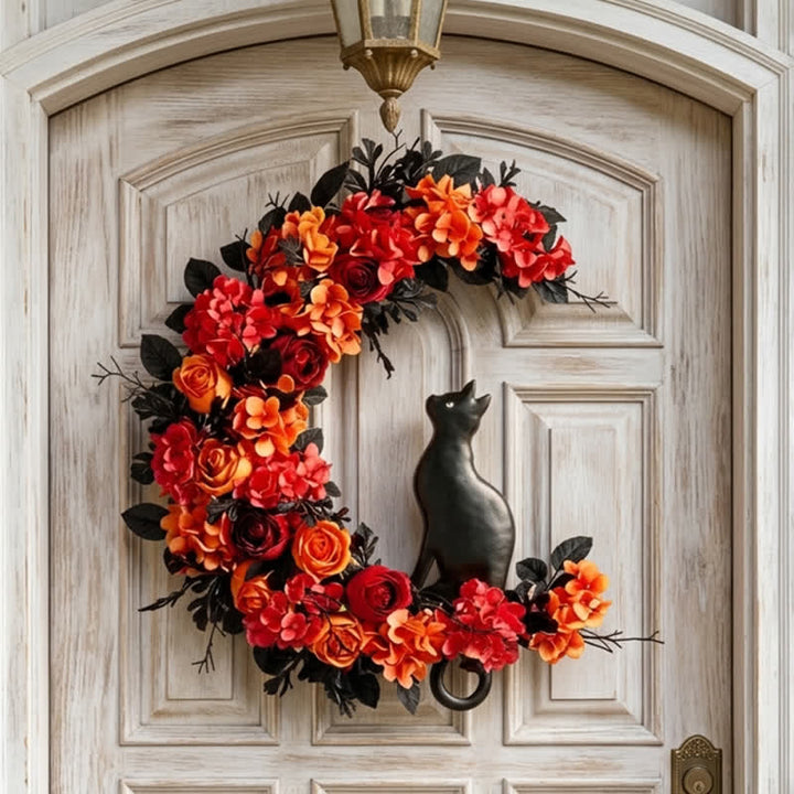 Decorazione per porta con fiori artificiali Olivenorma Rattan, simbolo di gatto nero autunnale. - image 2