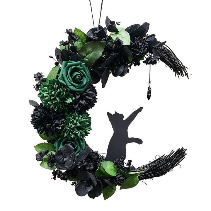 Decorazione per porta Olivenorma con fiori di seta e schiuma di paglia, simbolo del gatto nero mistico. - image 4