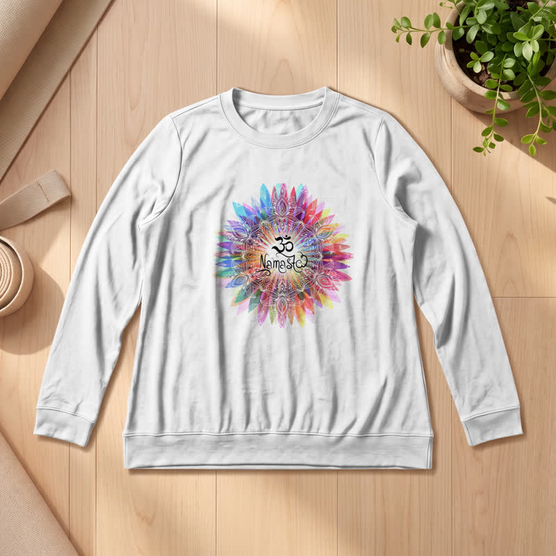 Camicia a maniche lunghe da donna Olivenorma in morbido cotone con stampa artistica Om Namaste Mandala arcobaleno. - Bianco - 2XL - image 0