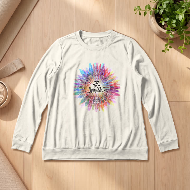 Camicia a maniche lunghe da donna Olivenorma in morbido cotone con stampa artistica Om Namaste Mandala arcobaleno. - Colore sabbia - 2XL - image 9