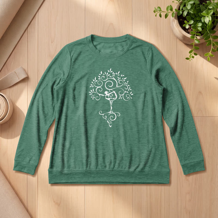 Maglietta a maniche lunghe da donna Olivenorma in morbido misto cotone con stampa artistica "Yoga Tree". - Verde Vintage - 2XL - image 0