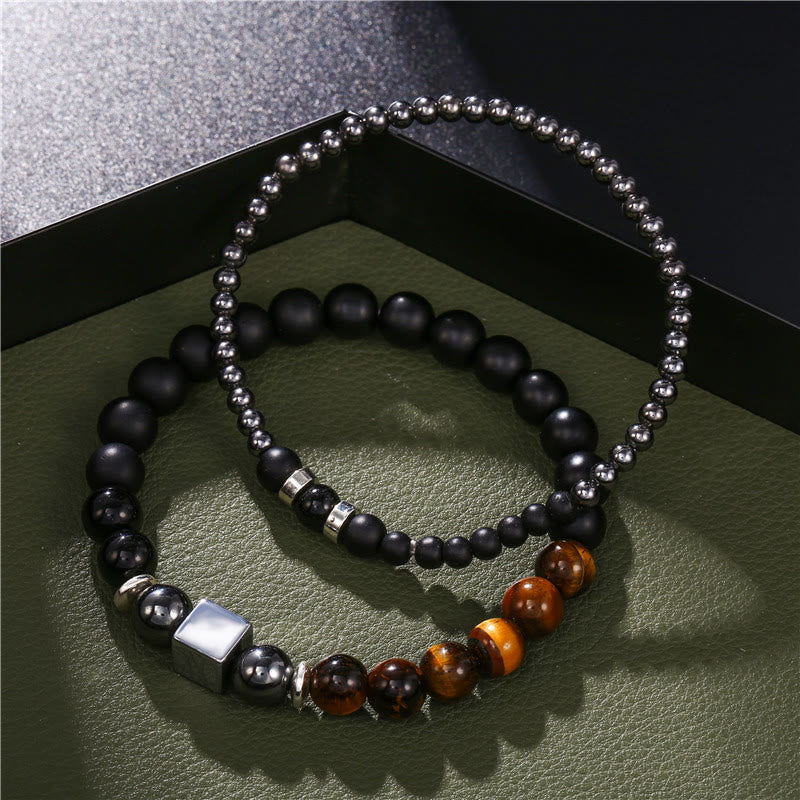 Olivenorma Set di bracciali elastici con cubo nero in occhio di tigre satinato