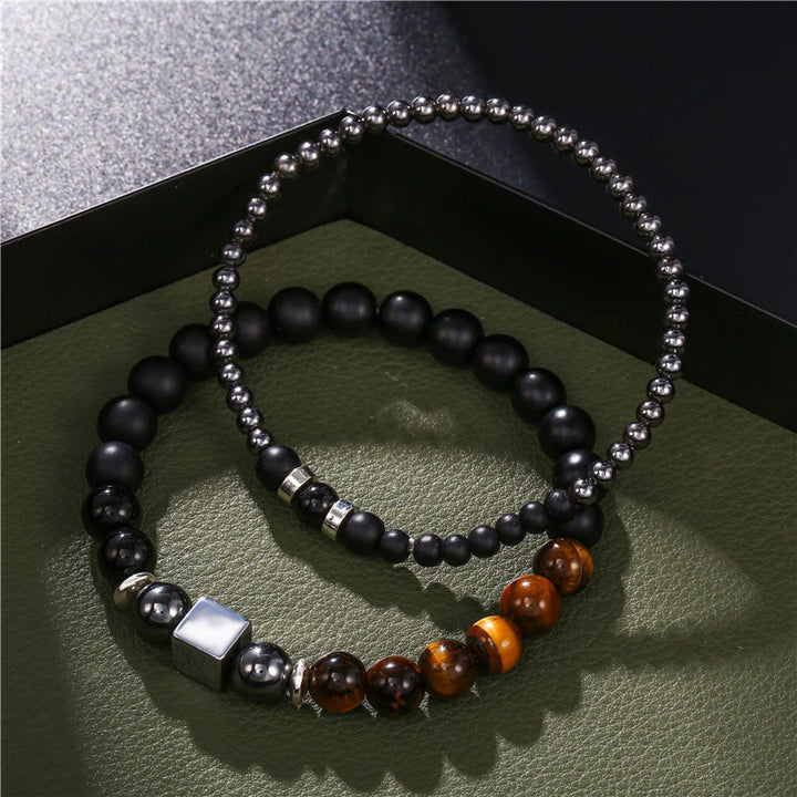 Olivenorma Set di bracciali elastici con cubo nero in occhio di tigre satinato