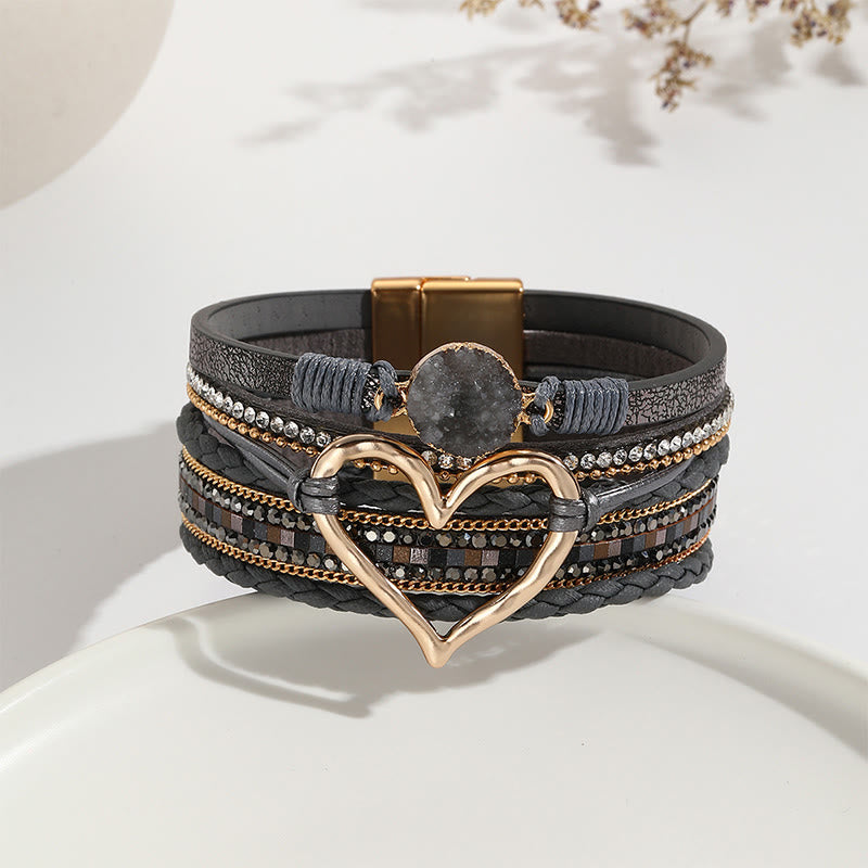 Olivenorma Bracciale in pelle intrecciata con cuore metallico e cristalli multicolori 