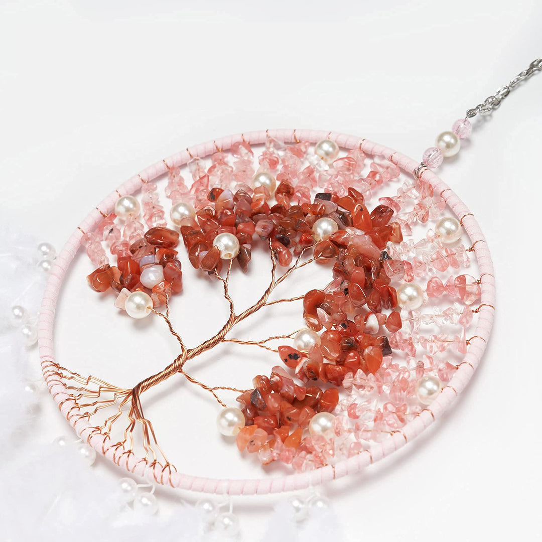 Olivenorma Crystal Tree of Life Acchiappasogni con piume rosa
