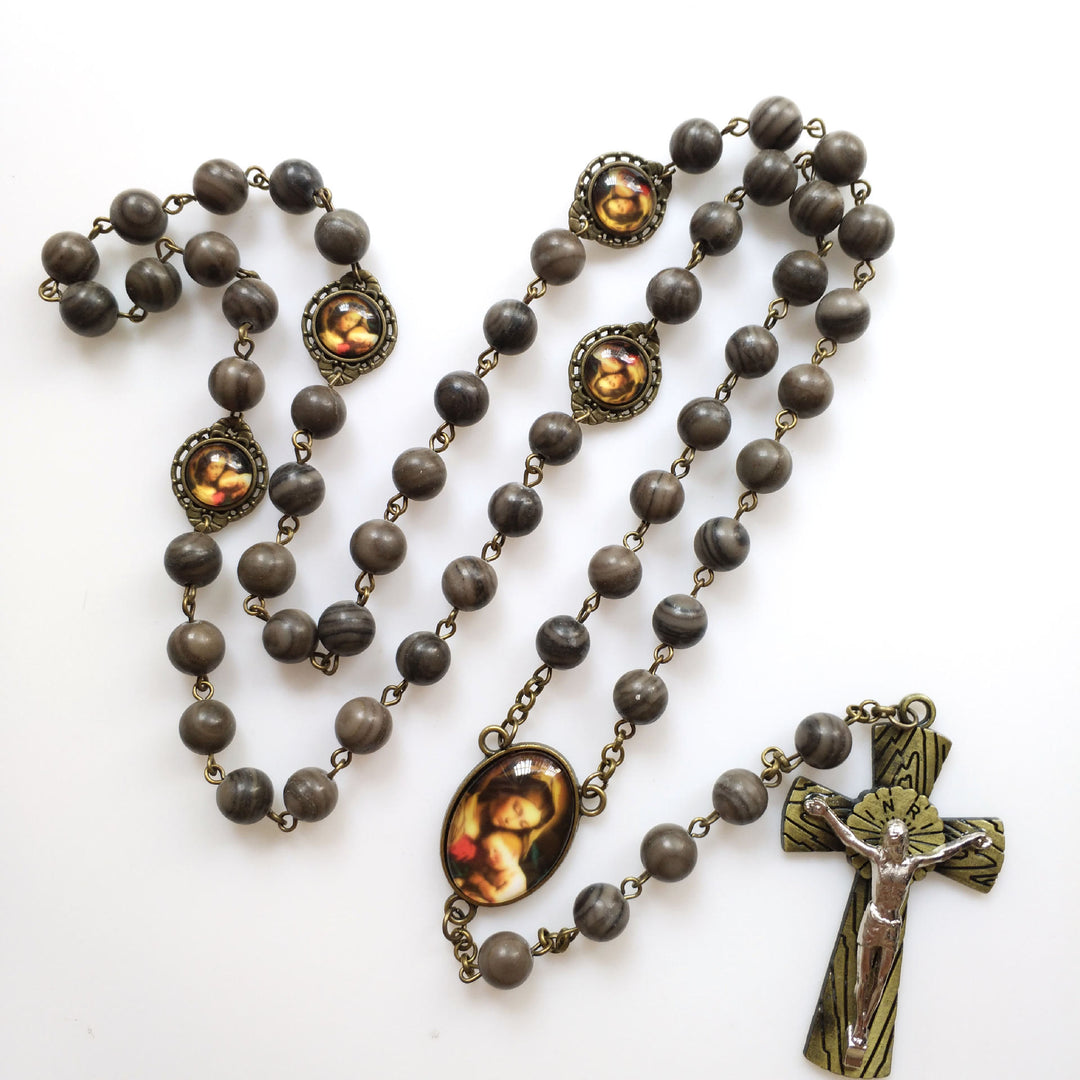 Olivenorma Collana con Croce e Rosario in Legno Nero con Medaglia Sacra 