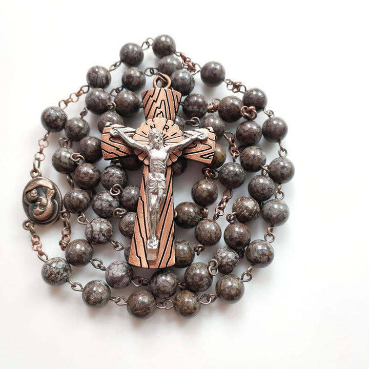 Collana rosario con croce di Gesù in ossidiana fiocco di neve Olivenorma