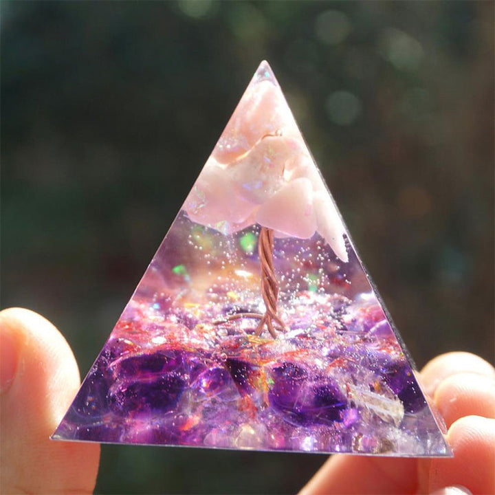 Olivenorma Albero della vita Piramide di orgone in opale rosa con ametista 