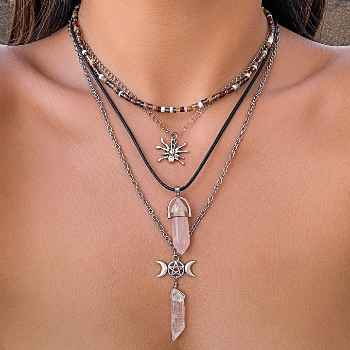 Olivenorma Set di collana con ciondolo Hamsa con albero della vita in quarzo naturale