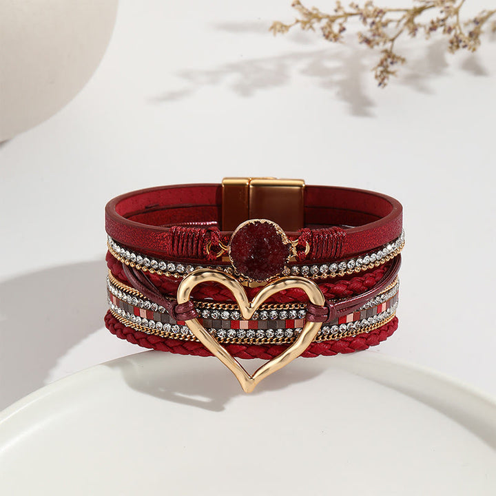 Olivenorma Bracciale in pelle intrecciata con cuore metallico e cristalli multicolori 