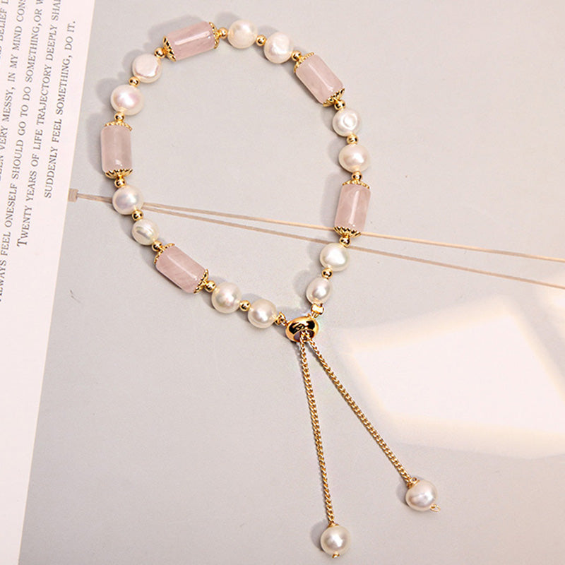 Bracciale con pietre preziose curative in quarzo rosa e perle 