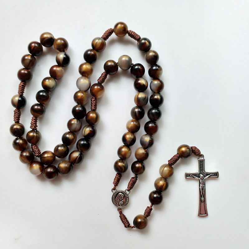 Olivenorma 10mm Agata Perline Gesù Croce Pendente Collana Rosario 