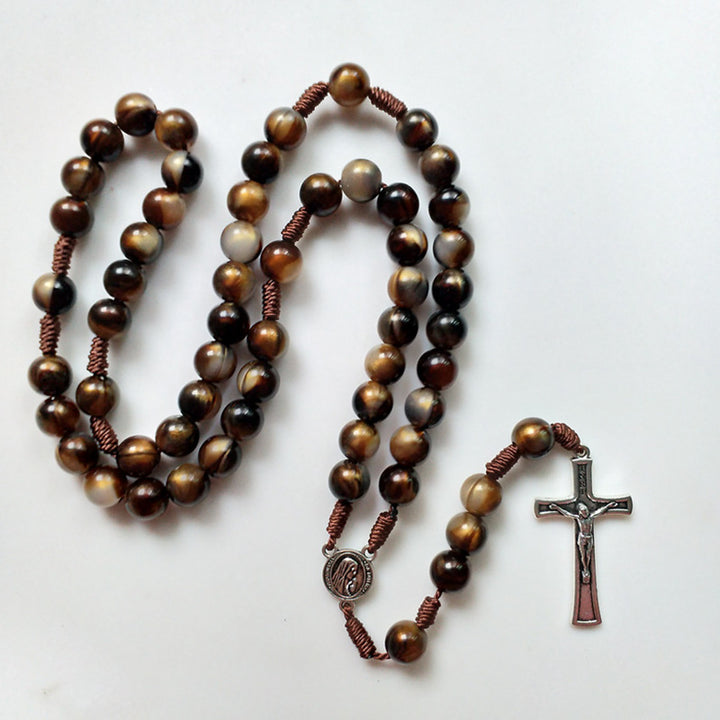 Olivenorma 10mm Agata Perline Gesù Croce Pendente Collana Rosario 