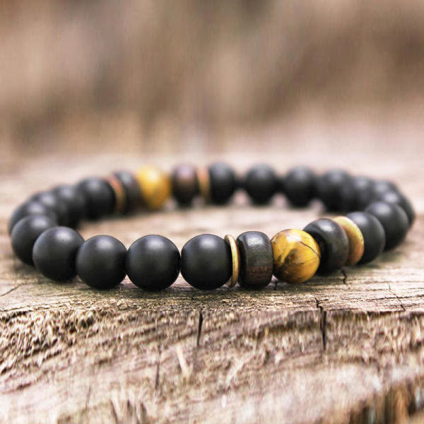 Olivenorma Bracciale da uomo in pietra naturale con perline di legno da 8 mm