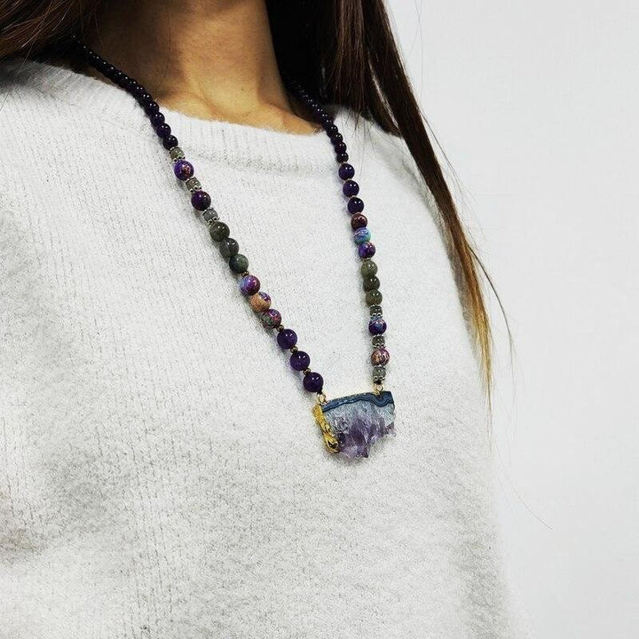 Collana di perline Mala in Labradorite imperatore, fluorite arcobaleno, ametista Olivenorma