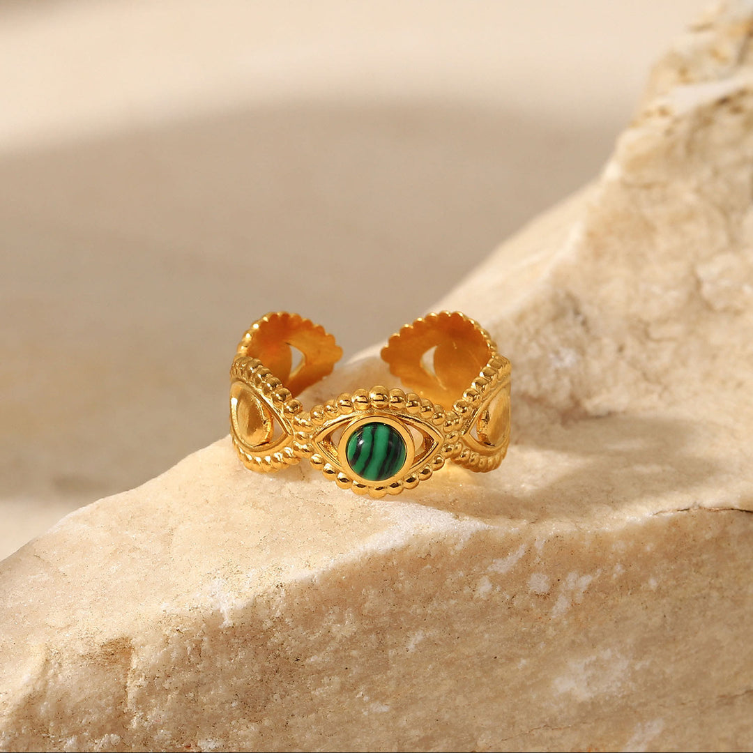 Olivenorma Anello aperto in malachite naturale verde oro