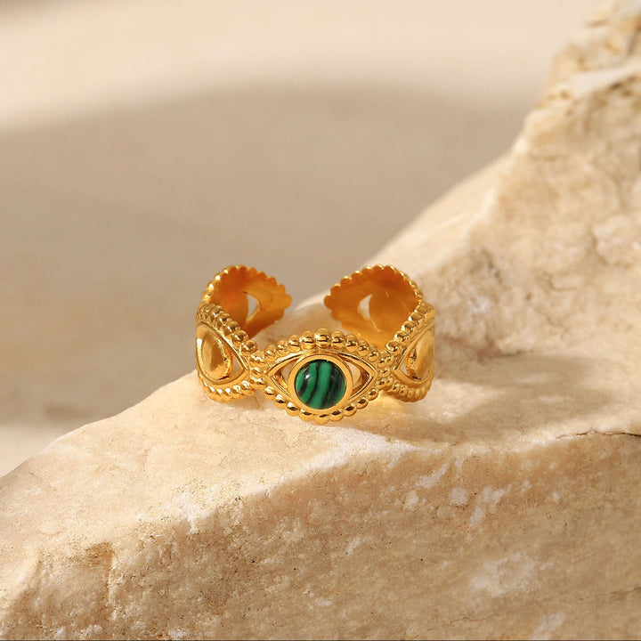 Olivenorma Anello aperto in malachite naturale verde oro