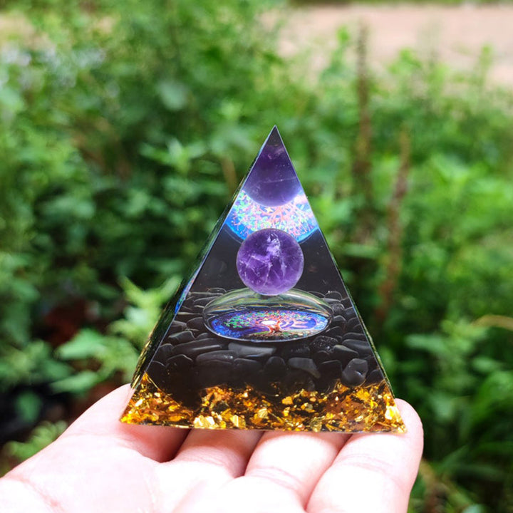 Sfera di cristallo di ametista Olivenorma con piramide di cristallo naturale di ossidiana