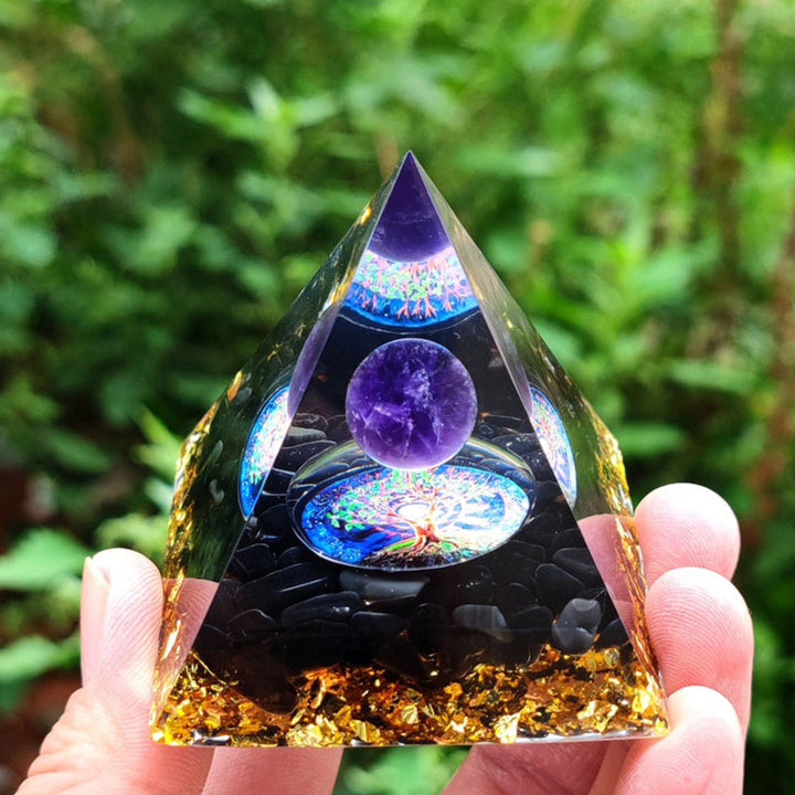 Sfera di cristallo di ametista Olivenorma con piramide di cristallo naturale di ossidiana
