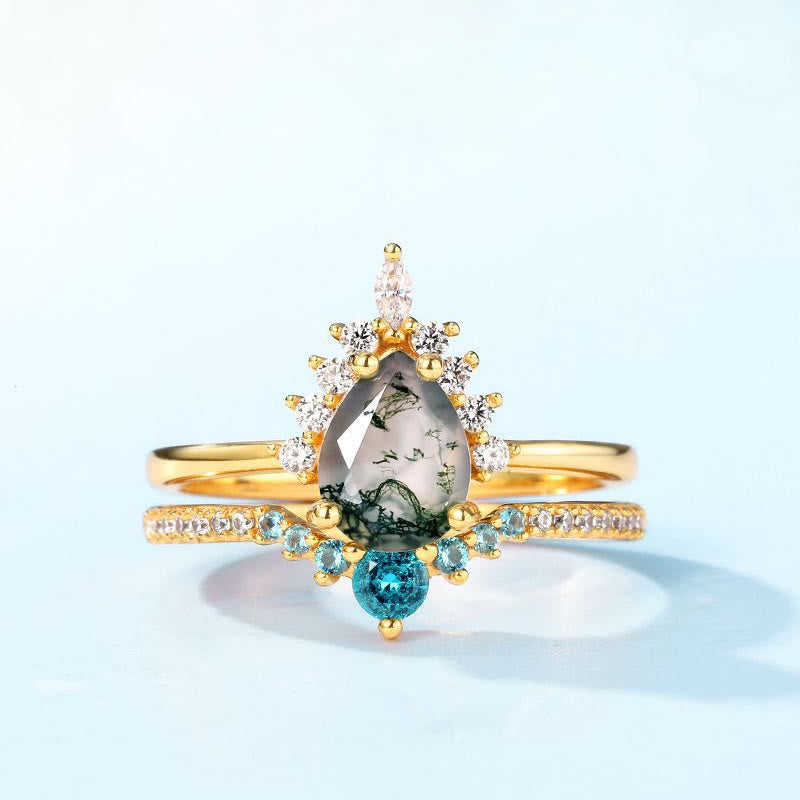 Anello in argento 925 con tormalina Paraiba e agata muschiata Olivenorma, 2 pezzi