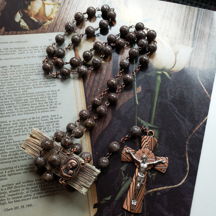 Collana rosario con croce di Gesù in ossidiana fiocco di neve Olivenorma