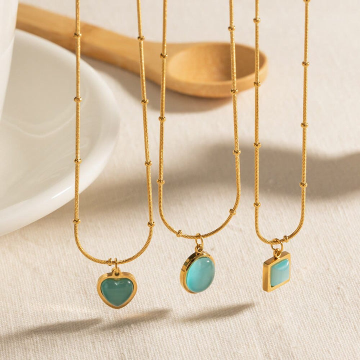 Collana con ciondolo a forma di cuore quadrato in pietra occhio di gatto blu Olivenorma